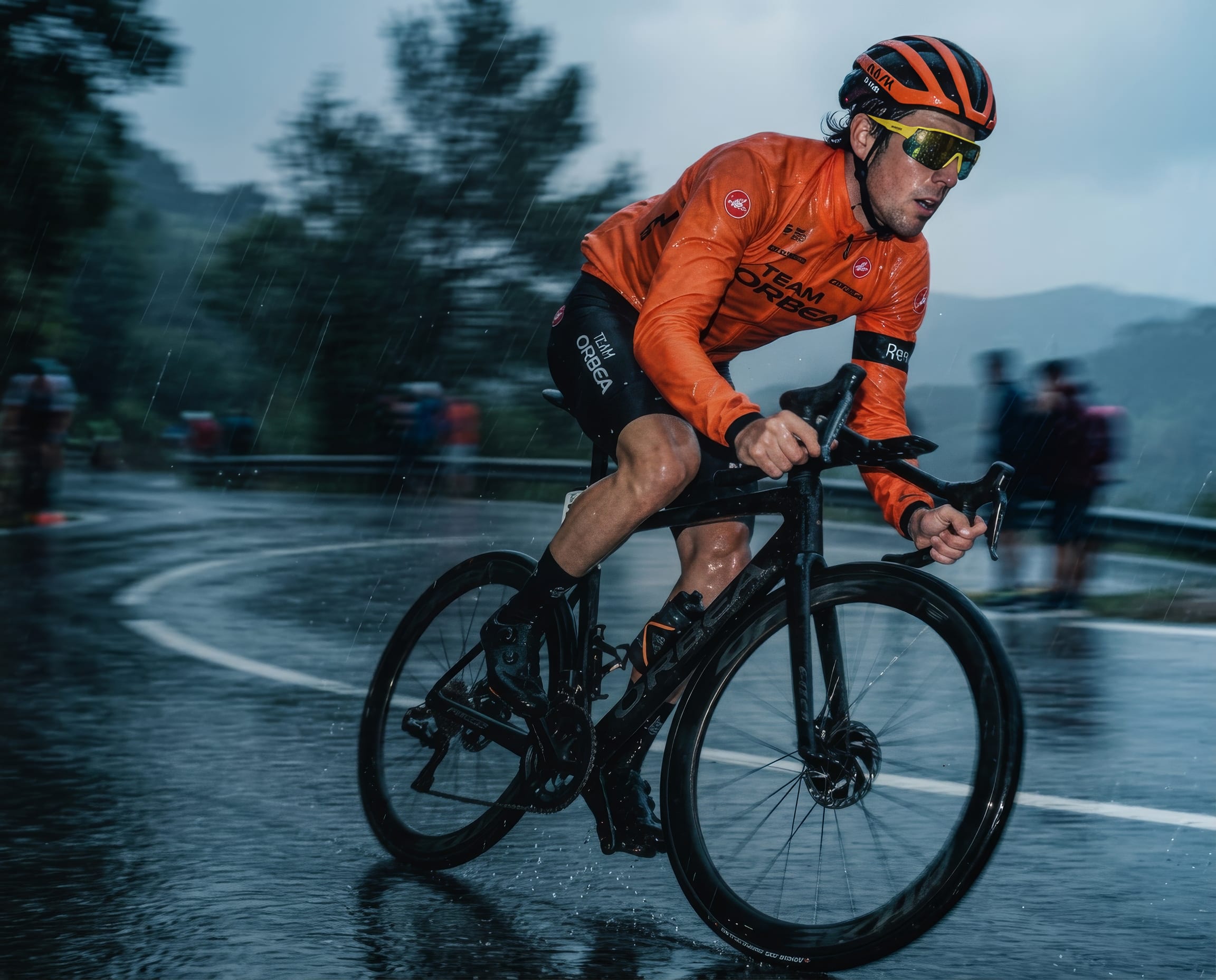 Cyclist in the rain wearing yellow Oakley sunglasses